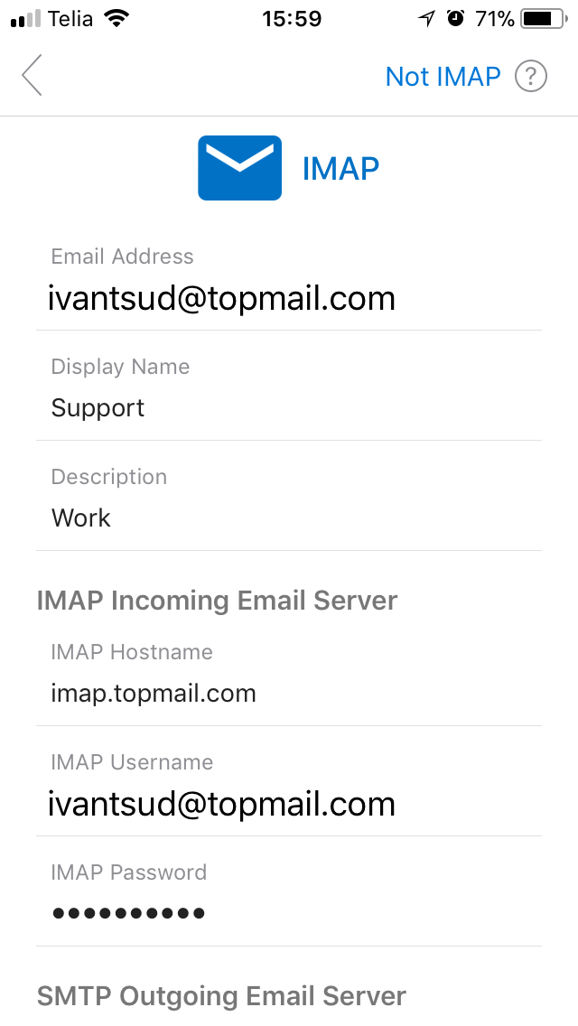 IMAP Settings Screen