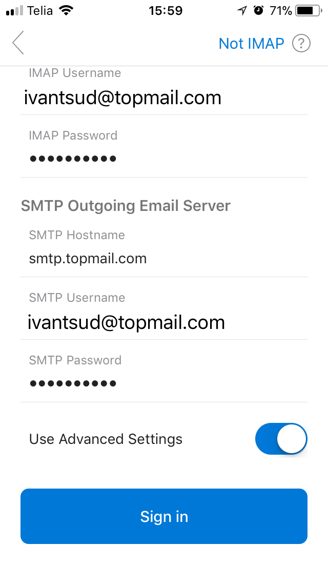SMTP Settings Screen